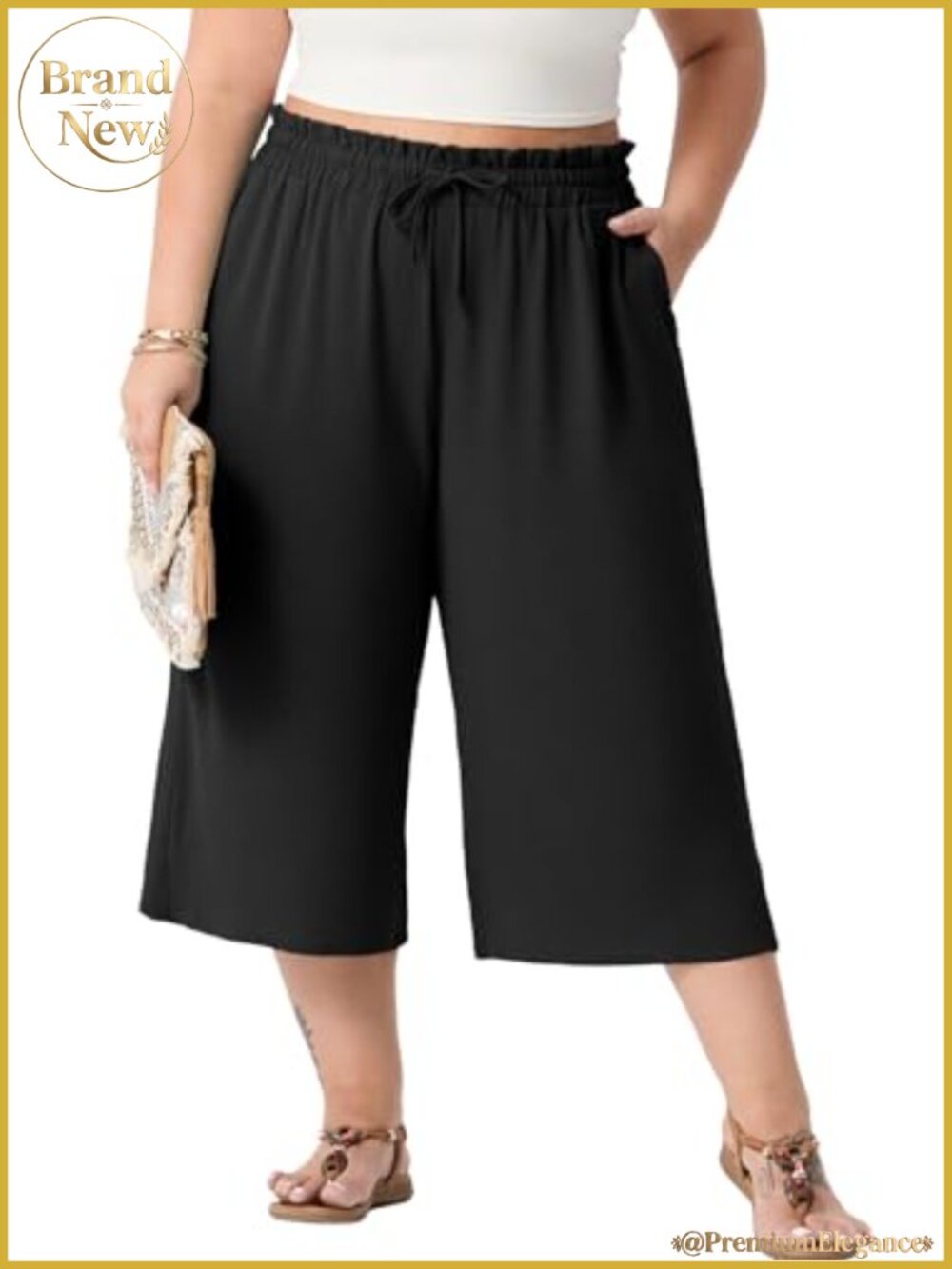 Plus Size Wide Leg Capri Pants High Waist Drawstring with Pockets